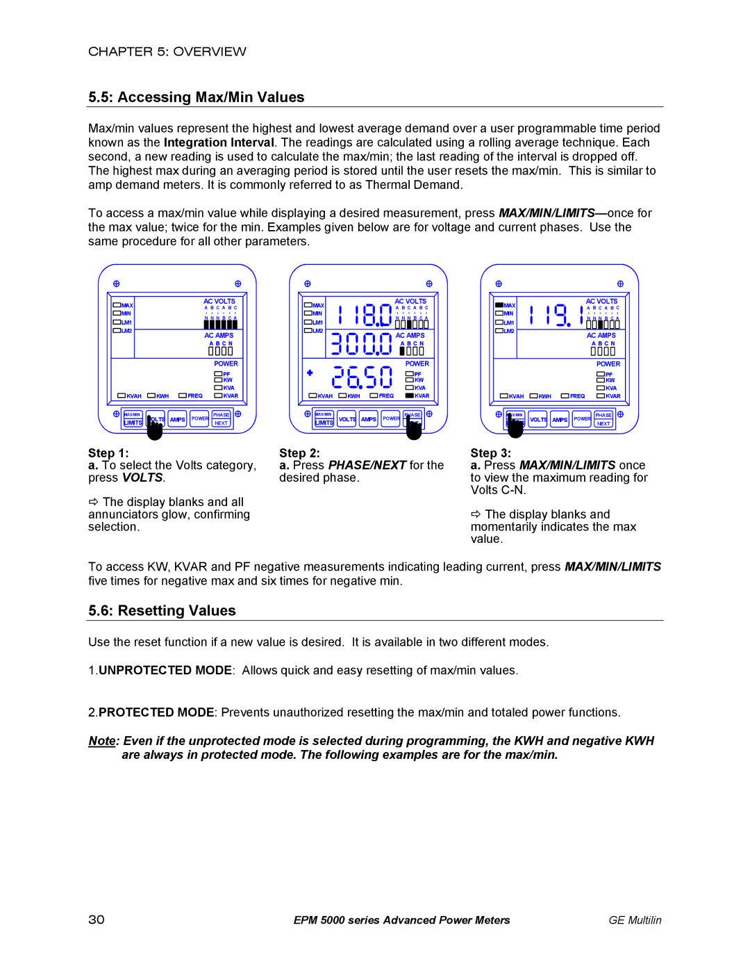 GE EPM 5300, EPM 5200, EPM 5350 instruction manual Resetting Values 