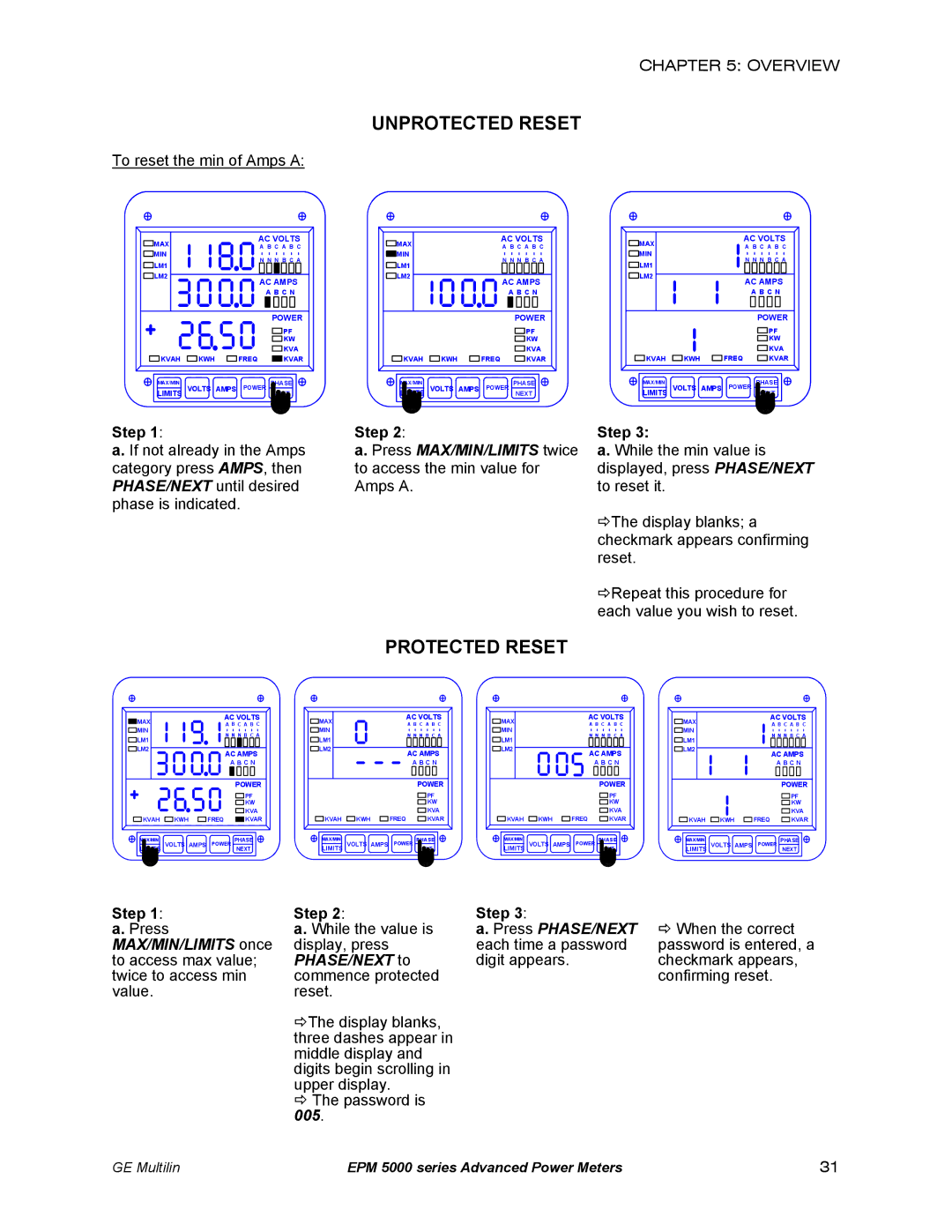 GE EPM 5350, EPM 5200, EPM 5300 instruction manual Unprotected Reset, Protected Reset 