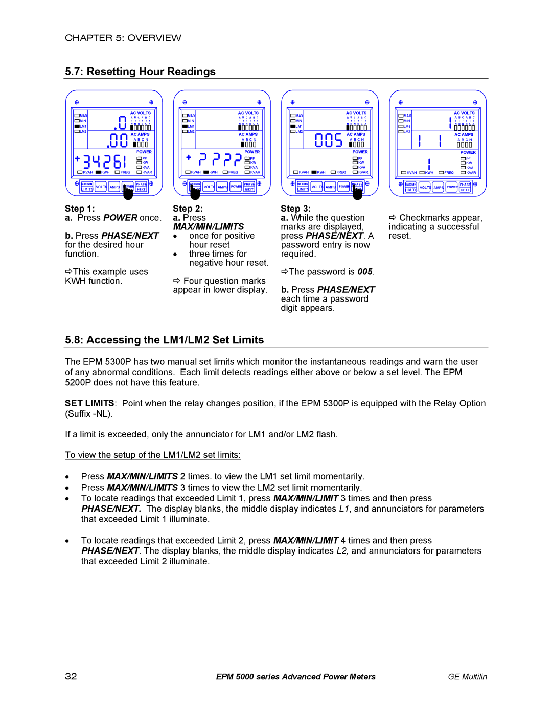 GE EPM 5200, EPM 5300, EPM 5350 instruction manual Resetting Hour Readings, Accessing the LM1/LM2 Set Limits 