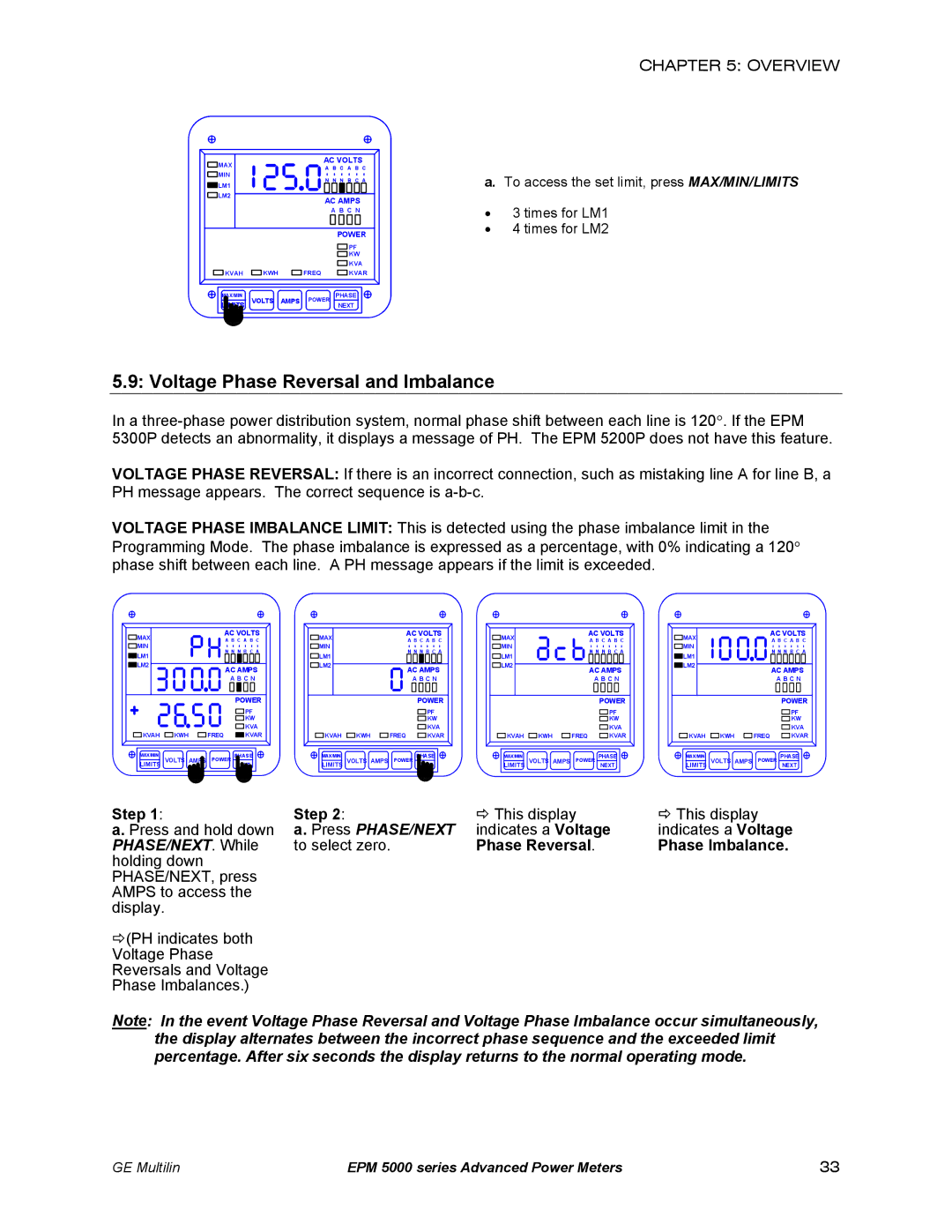 GE EPM 5300 Voltage Phase Reversal and Imbalance, This display Press and hold down, Indicates a Voltage, To select zero 