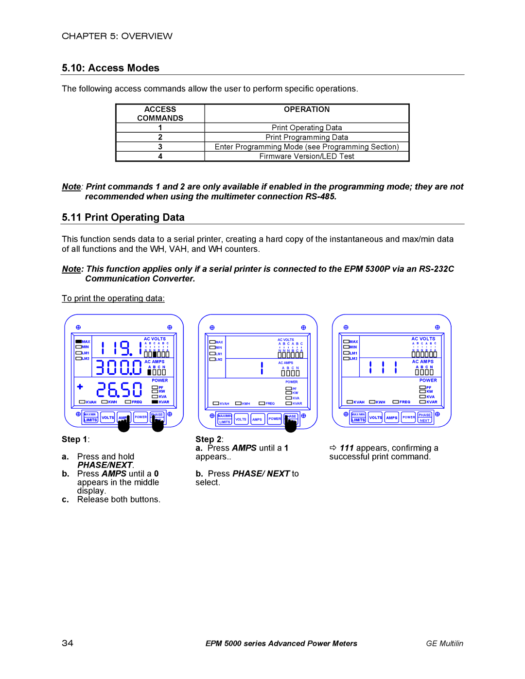 GE EPM 5350, EPM 5200, EPM 5300 Access Modes, Print Operating Data, Press and hold Press Amps until a Appears 