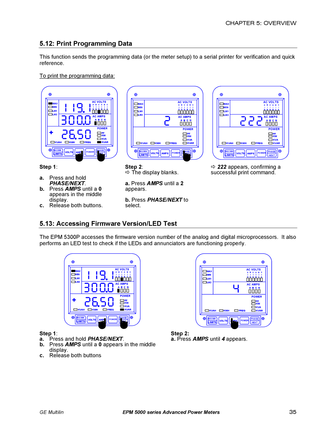 GE EPM 5200, EPM 5300, EPM 5350 instruction manual Print Programming Data, Accessing Firmware Version/LED Test 