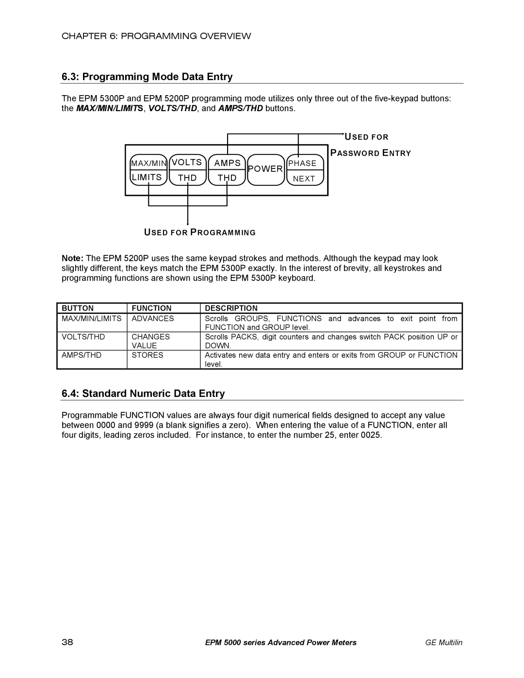 GE EPM 5200, EPM 5300, EPM 5350 instruction manual Programming Mode Data Entry, Standard Numeric Data Entry 