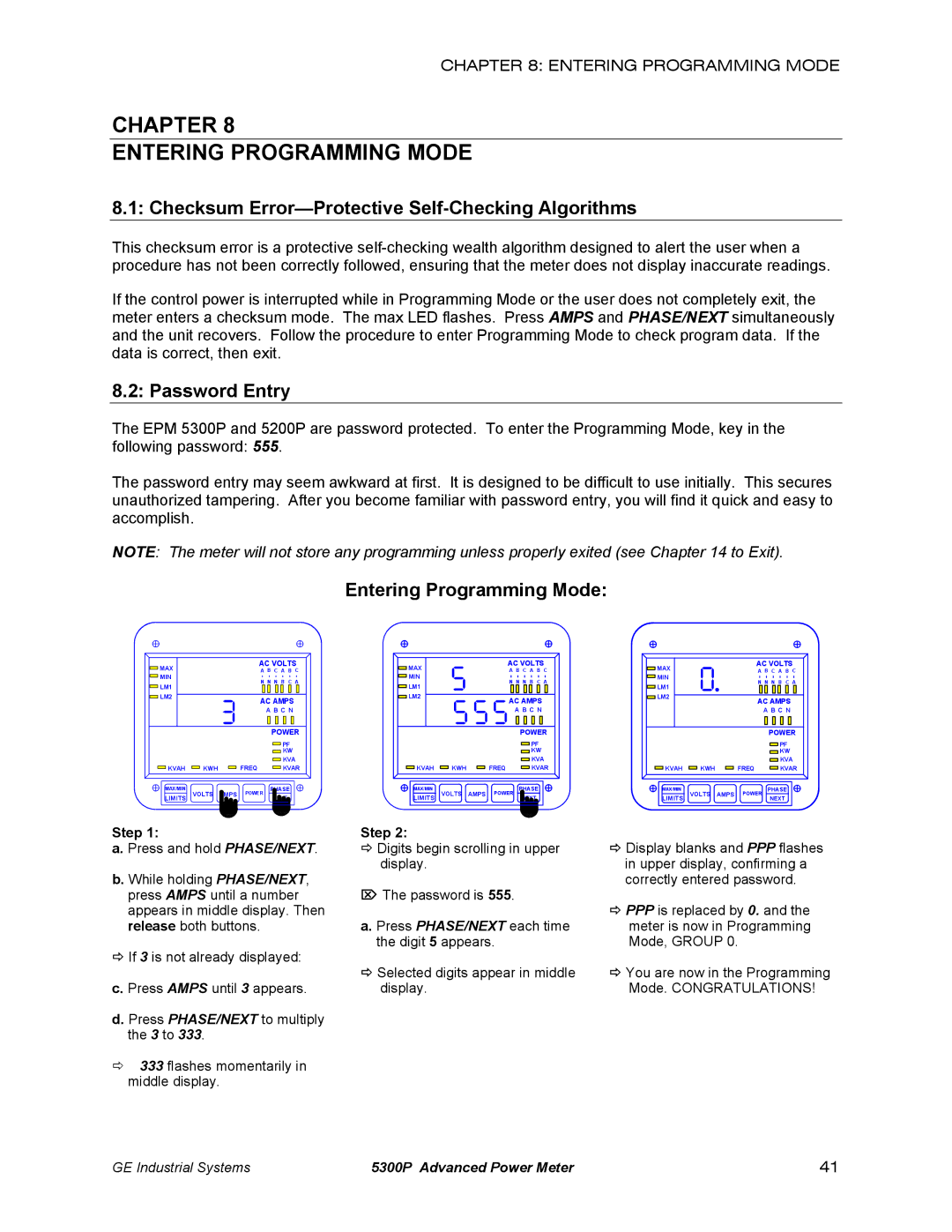 GE EPM 5200 Chapter Entering Programming Mode, Checksum Error-Protective Self-Checking Algorithms, Password Entry 