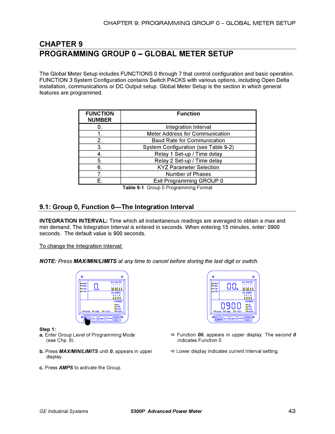 GE EPM 5350, EPM 5200 Chapter Programming Group 0 Global Meter Setup, Group 0, Function 0-The Integration Interval, Number 