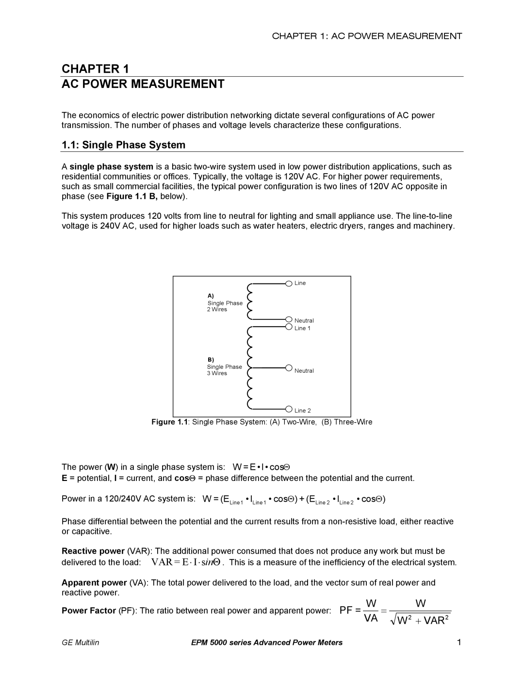 GE EPM 5350, EPM 5200, EPM 5300 instruction manual Chapter AC Power Measurement, Single Phase System 