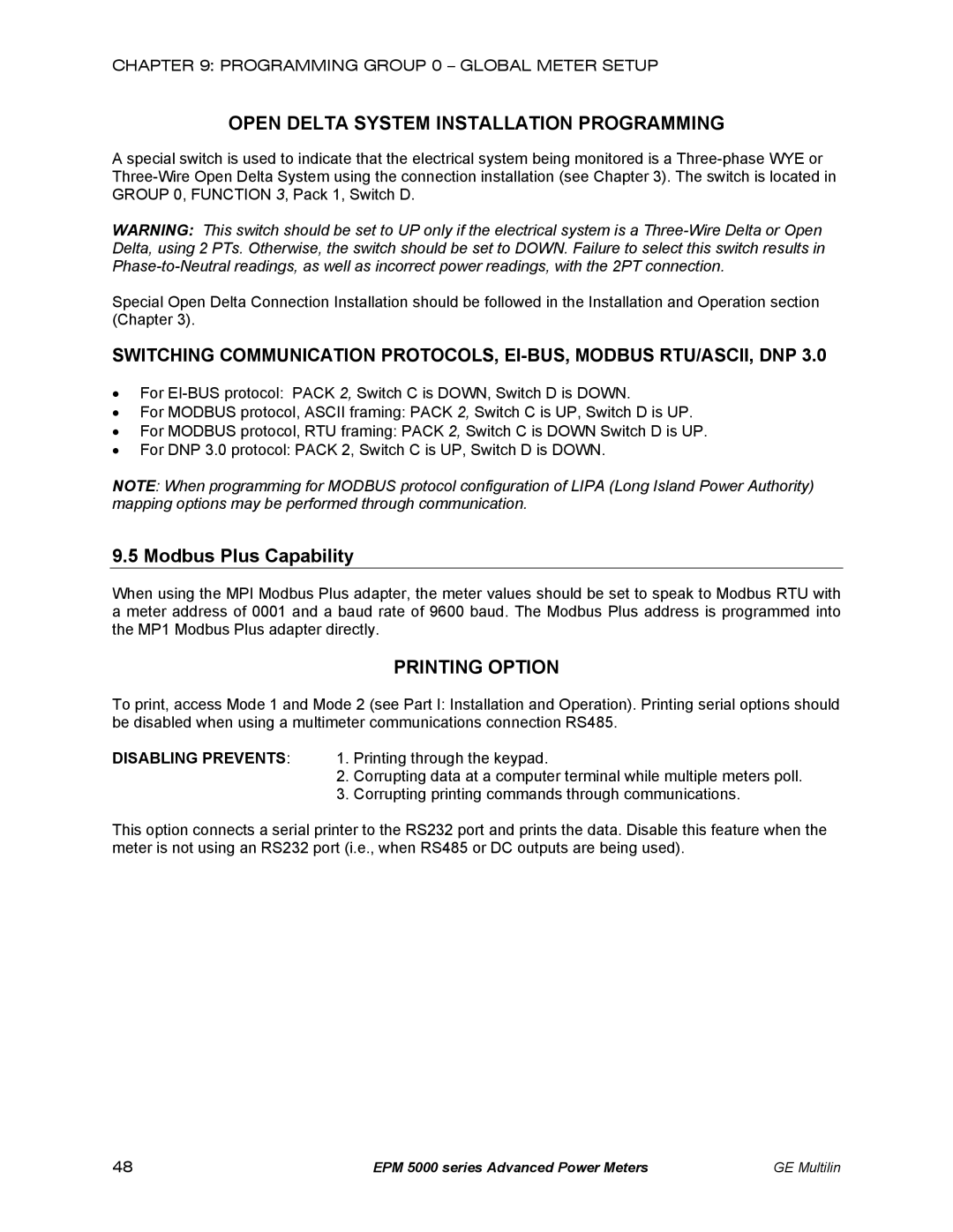 GE EPM 5300 Open Delta System Installation Programming, Modbus Plus Capability, Printing Option, Disabling Prevents 