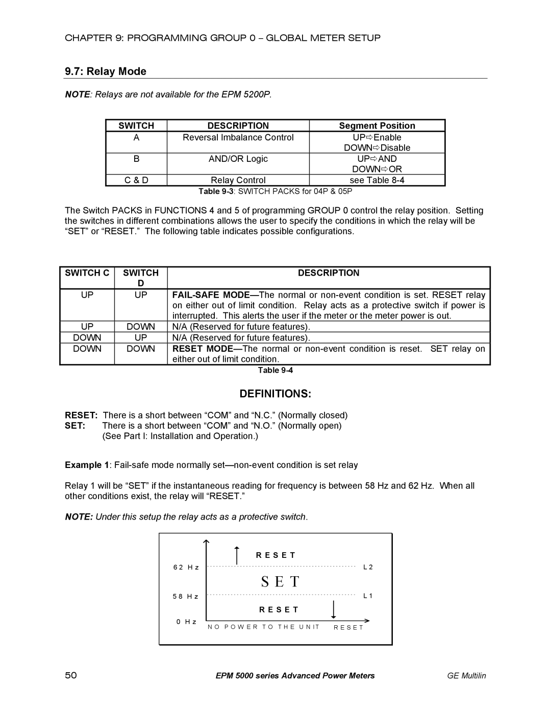 GE EPM 5200, EPM 5300, EPM 5350 Relay Mode, Definitions, Switch Description, Segment Position, Switch C Description 