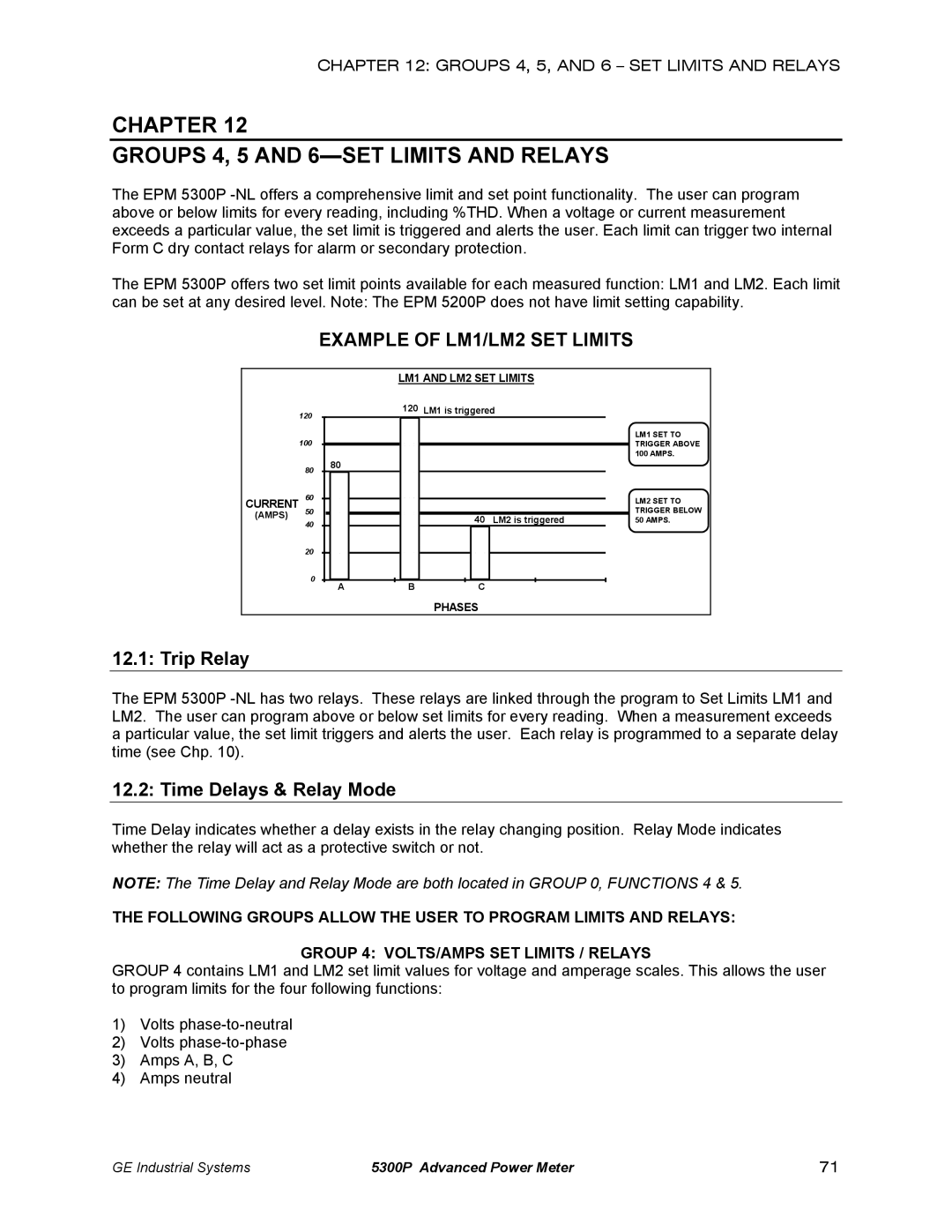 GE EPM 5200, EPM 5300, EPM 5350 Chapter Groups 4, 5 and 6-SET Limits and Relays, Example of LM1/LM2 SET Limits, Trip Relay 