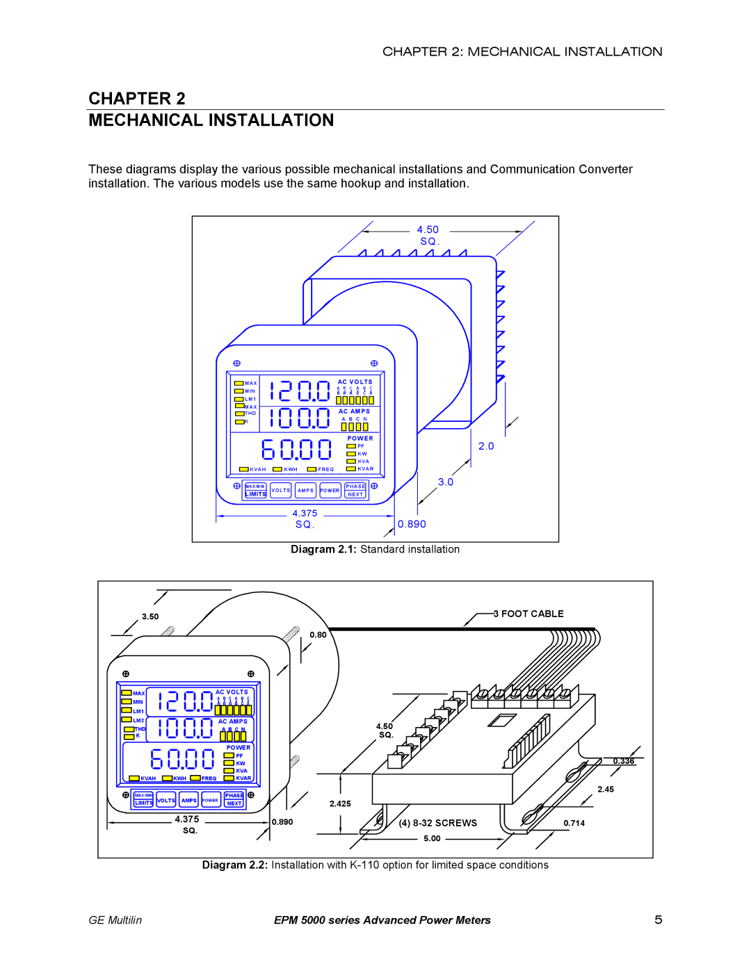 GE EPM 5200, EPM 5300, EPM 5350 instruction manual Chapter Mechanical Installation, Diagram 2.1 Standard installation 