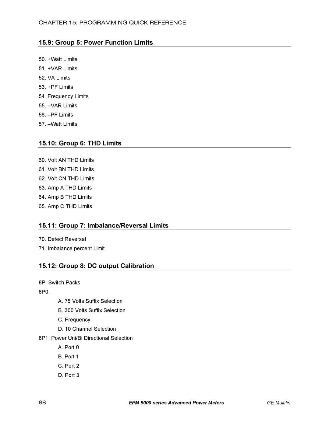 GE EPM 5350, EPM 5200, EPM 5300 Group 5 Power Function Limits, Group 6 THD Limits, Group 7 Imbalance/Reversal Limits 