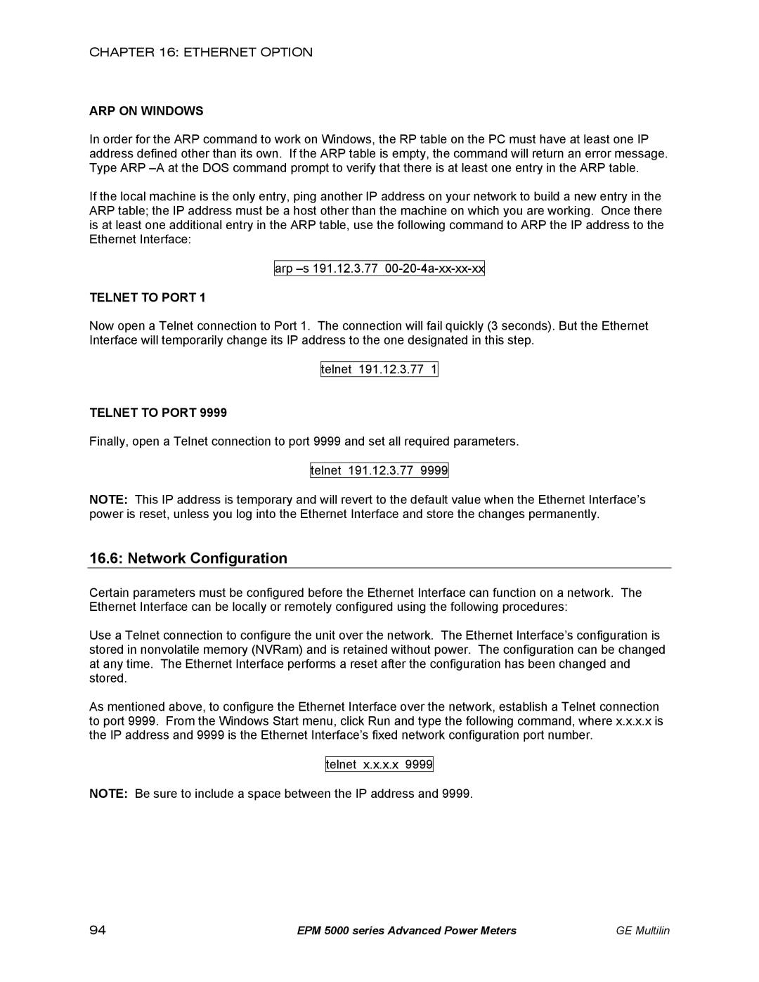 GE EPM 5350, EPM 5200, EPM 5300 instruction manual Network Configuration, ARP on Windows, Telnet to Port 