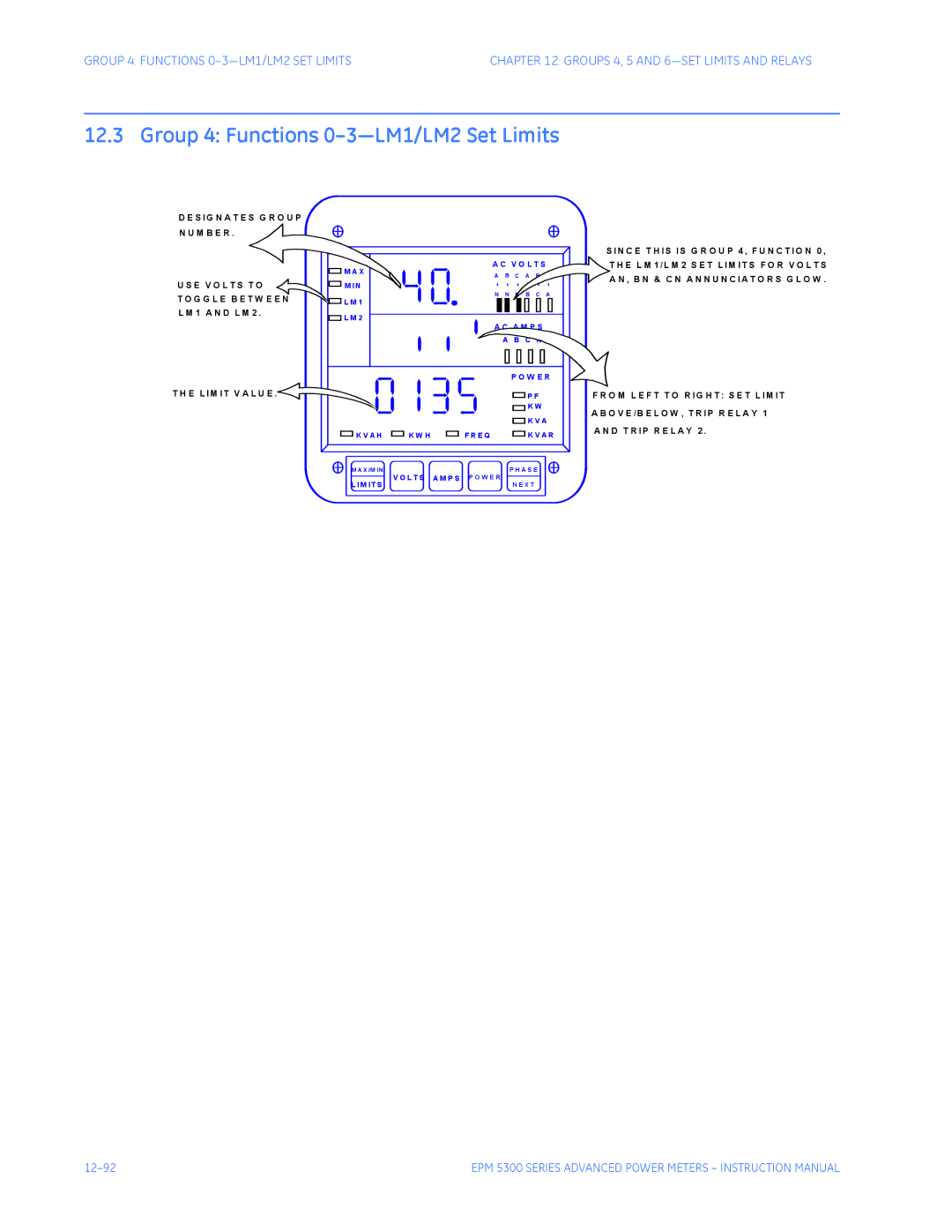 GE EPM 5350, EPM 5200, EPM 5300 instruction manual Group 4 Functions 0-3-LM1/LM2 Set Limits, V O L T S A M P S 