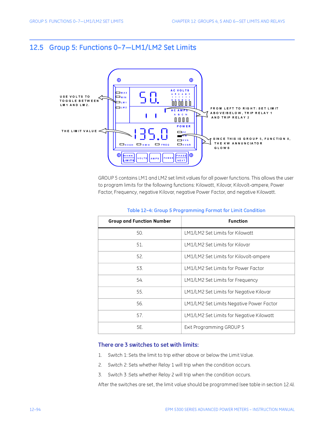 GE EPM 5300, EPM 5200, EPM 5350 Group 5 Functions 0-7-LM1/LM2 Set Limits, There are 3 switches to set with limits 