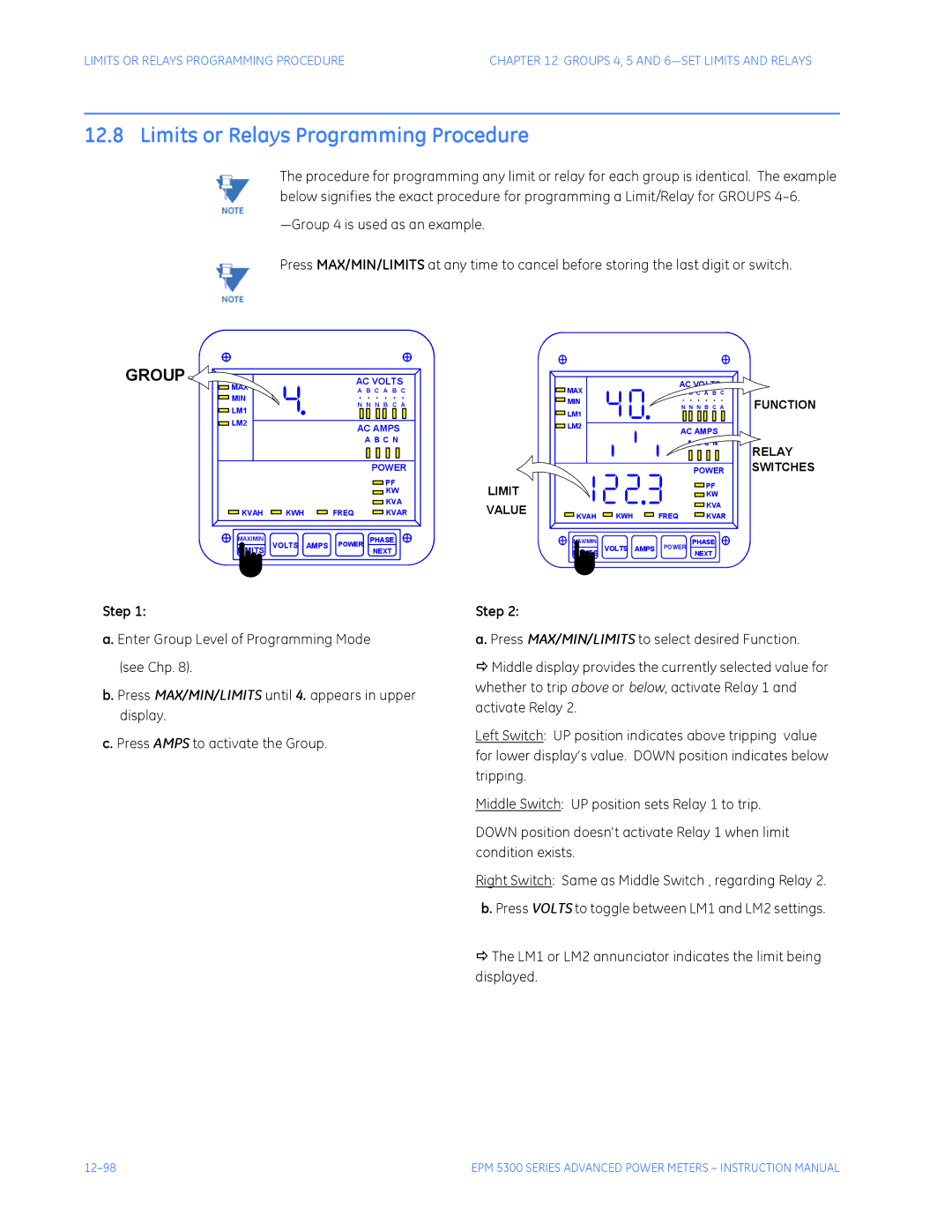 GE EPM 5350, EPM 5200, EPM 5300 instruction manual Limits or Relays Programming Procedure, Group 