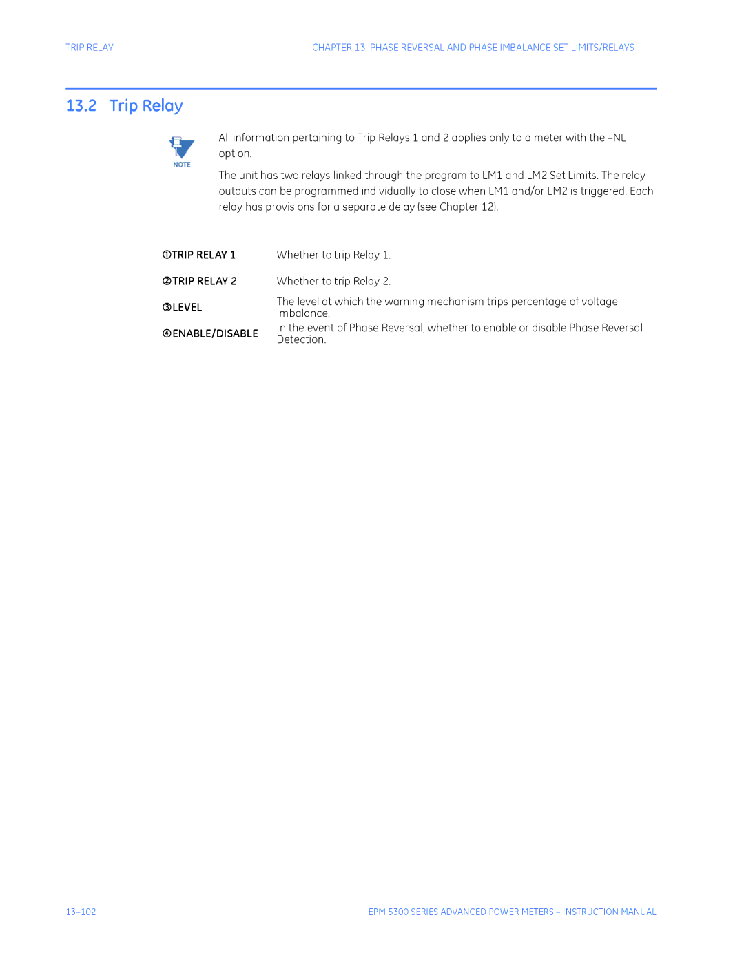 GE EPM 5200, EPM 5300, EPM 5350 instruction manual Trip Relay Level ENABLE/DISABLE 