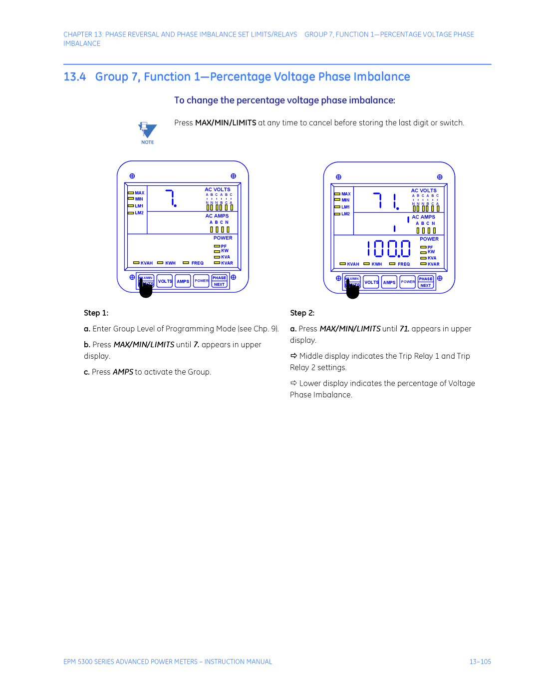 GE EPM 5200 Group 7, Function 1-Percentage Voltage Phase Imbalance, To change the percentage voltage phase imbalance 