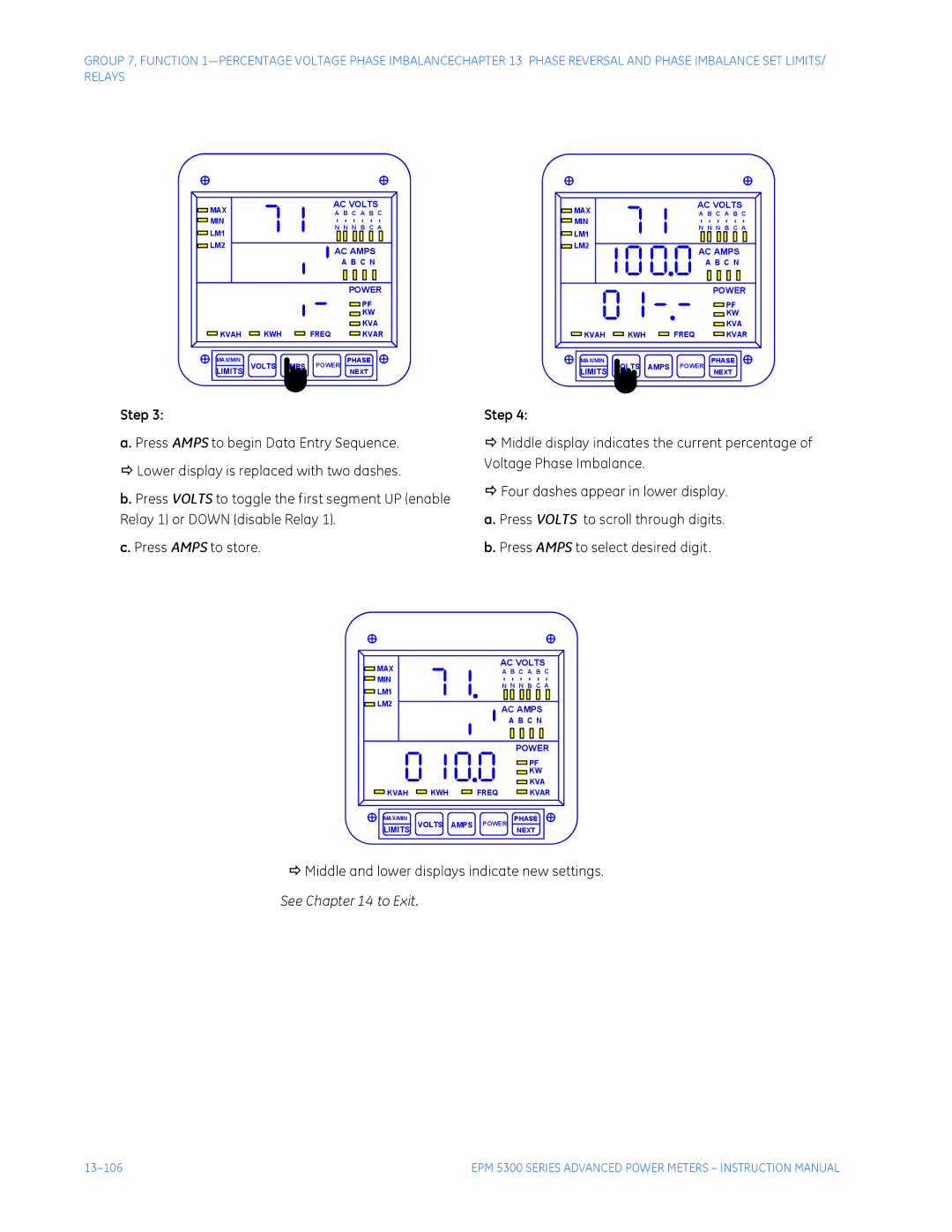 GE EPM 5300, EPM 5200, EPM 5350 instruction manual Middle and lower displays indicate new settings 