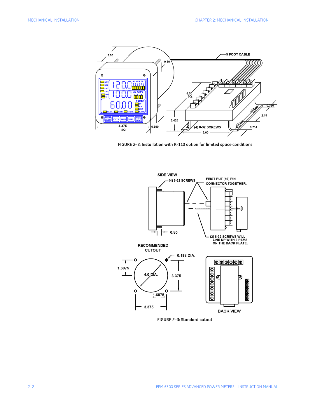 GE EPM 5350, EPM 5200, EPM 5300 instruction manual Installation with K-110 option for limited space conditions 