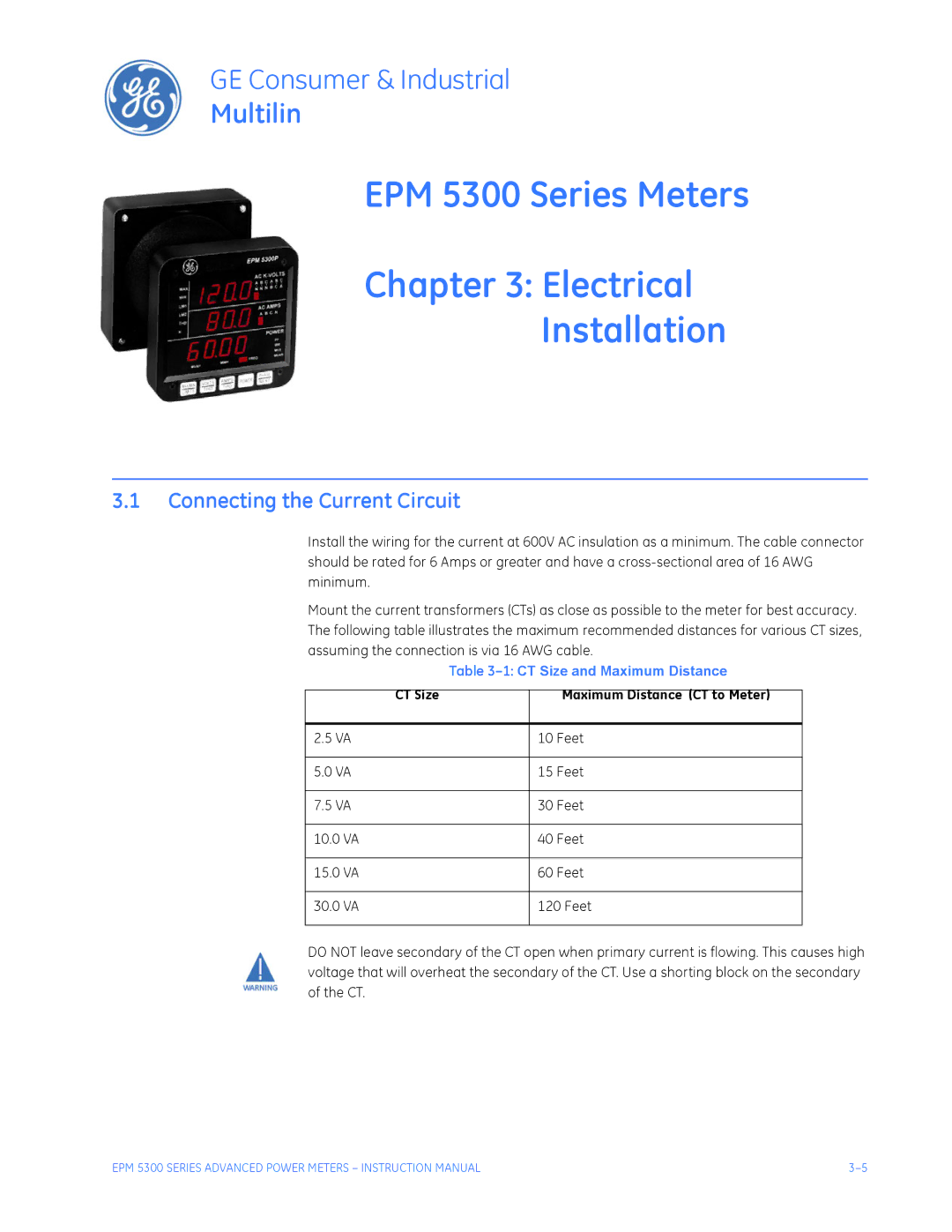 GE EPM 5350, EPM 5200 EPM 5300 Series Meters Electrical Installation, Connecting the Current Circuit, Feet 