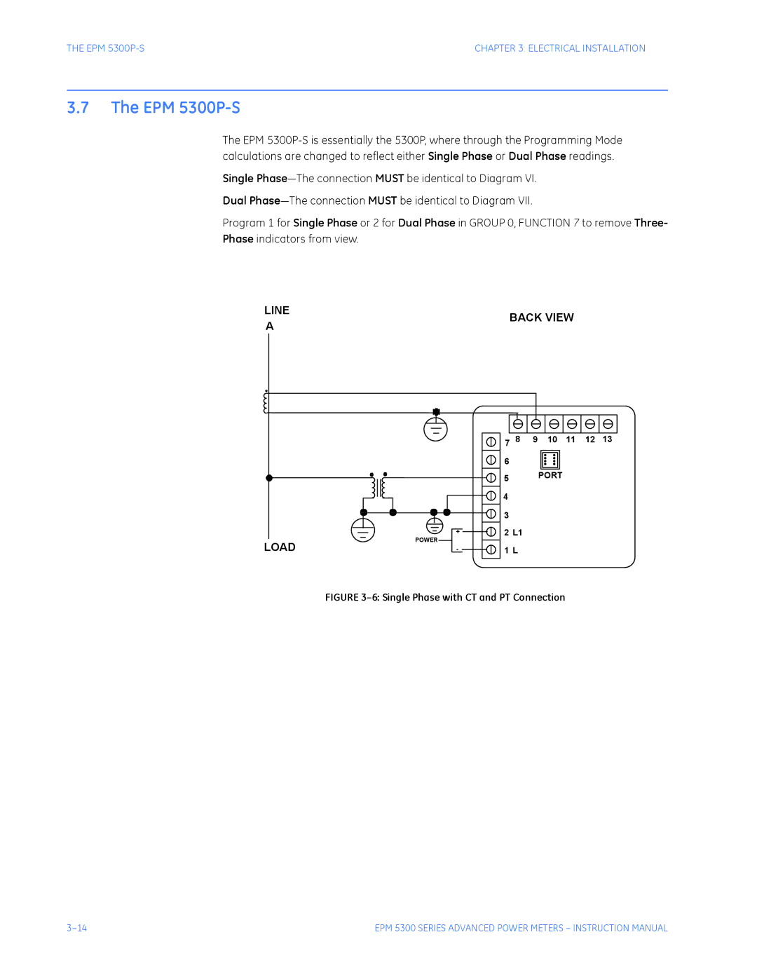 GE EPM 5350, EPM 5200 instruction manual EPM 5300P-S, Single Phase with CT and PT Connection 