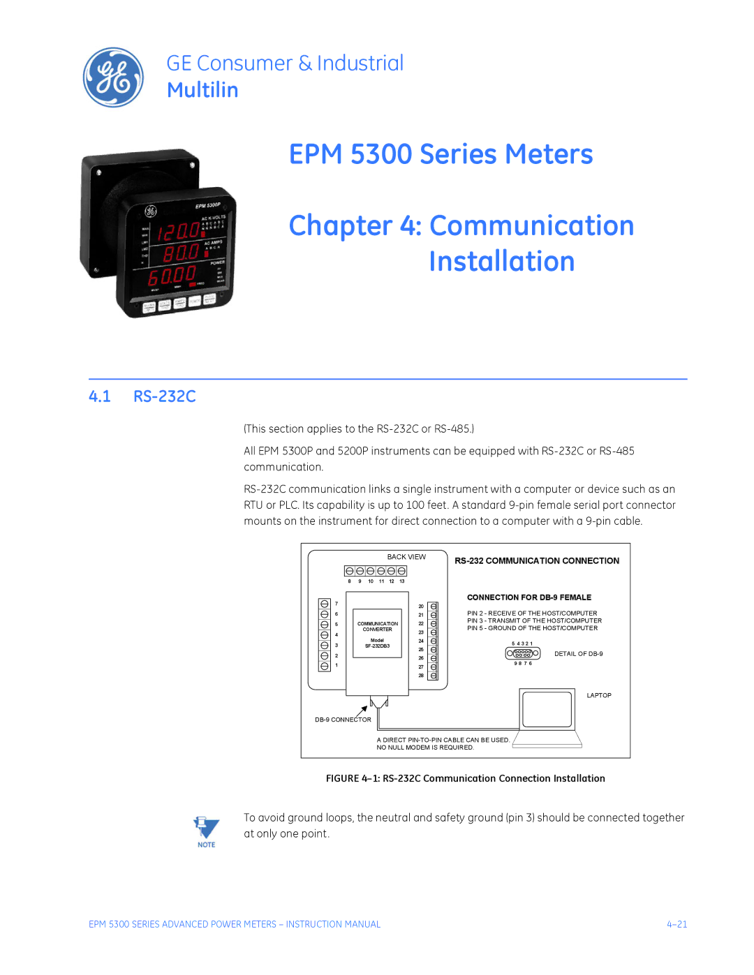 GE EPM 5200, EPM 5350 instruction manual EPM 5300 Series Meters Communication Installation, RS-232C 