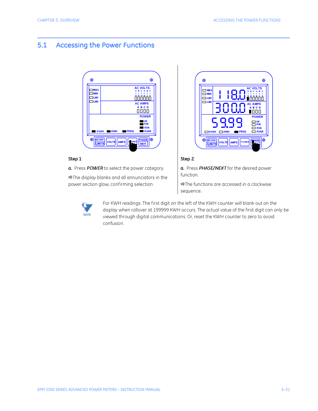 GE EPM 5300, EPM 5200, EPM 5350 Accessing the Power Functions, Press Power to select the power category, Sequence 