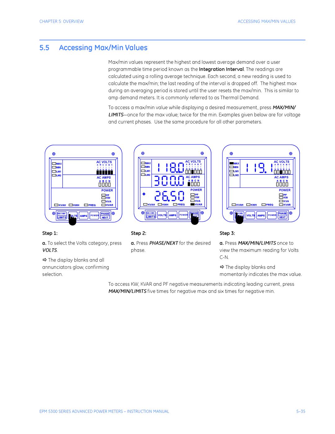 GE EPM 5350, EPM 5200, EPM 5300 instruction manual Accessing Max/Min Values, Phase 