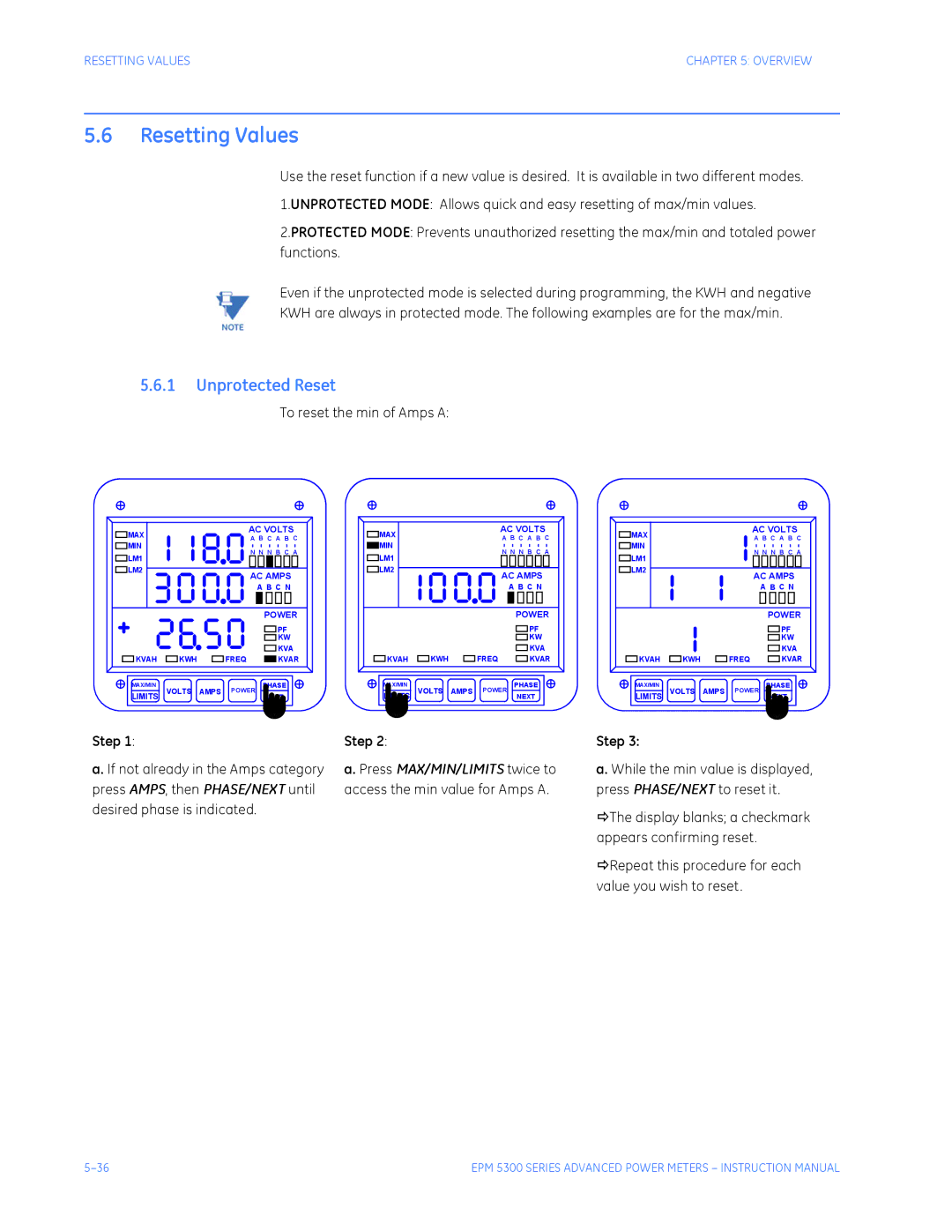 GE EPM 5200, EPM 5300, EPM 5350 instruction manual Resetting Values, Unprotected Reset, To reset the min of Amps a 