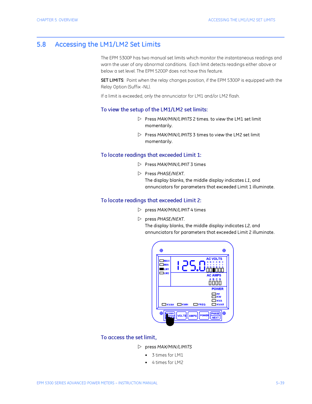 GE EPM 5200 Accessing the LM1/LM2 Set Limits, To view the setup of the LM1/LM2 set limits, To access the set limit 