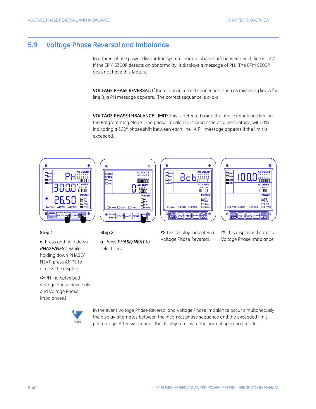 GE EPM 5300, EPM 5200, EPM 5350 Voltage Phase Reversal and Imbalance, This display indicates a, Press and hold down 