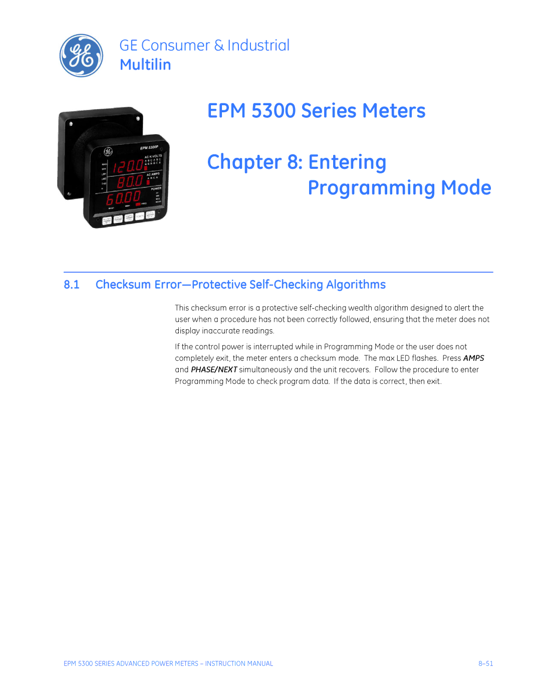 GE EPM 5200, EPM 5350 EPM 5300 Series Meters Entering Programming Mode, Checksum Error-Protective Self-Checking Algorithms 