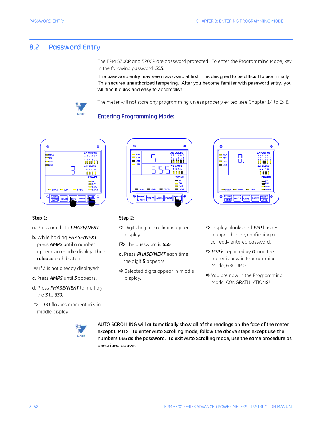 GE EPM 5300, EPM 5200 Password Entry, Entering Programming Mode, If 3 is not already displayed Press Amps until 3 appears 