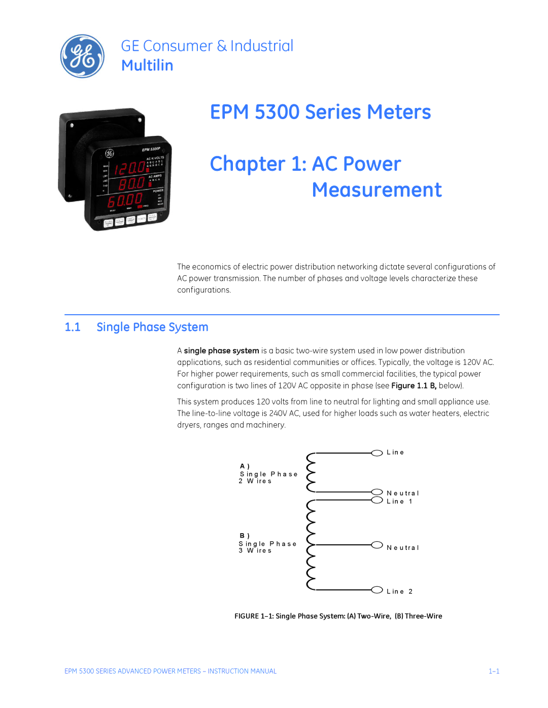 GE EPM 5200, EPM 5350 instruction manual EPM 5300 Series Meters AC Power Measurement, Single Phase System 