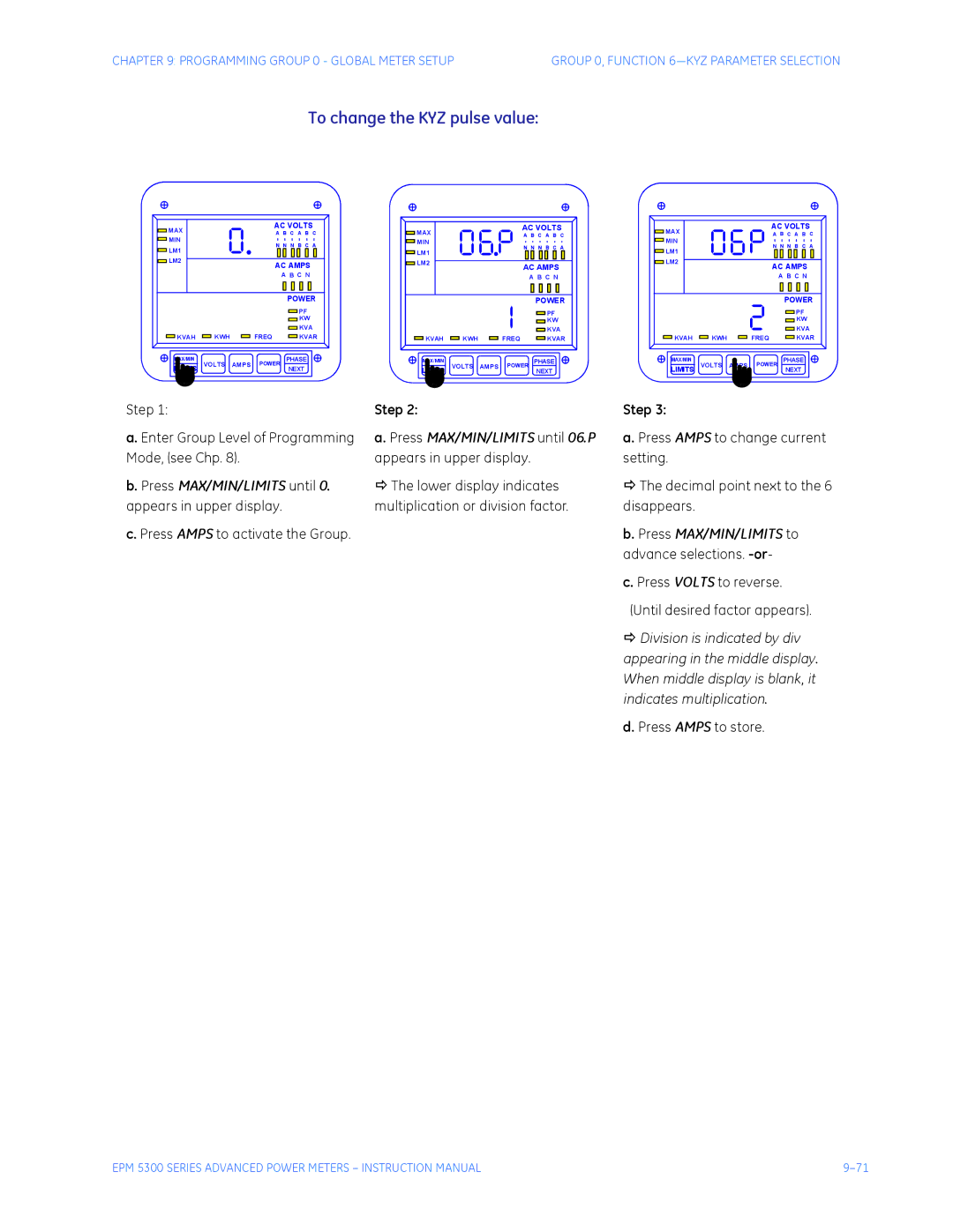 GE EPM 5350, EPM 5200, EPM 5300 instruction manual To change the KYZ pulse value 