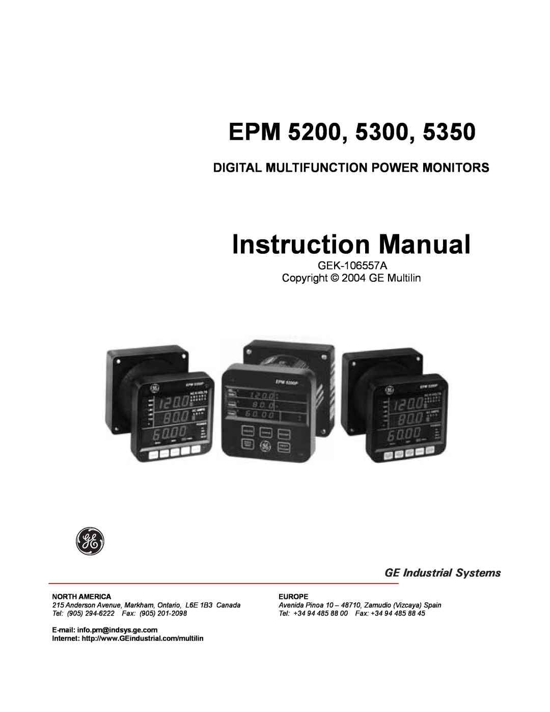 GE EPM 5300 instruction manual Digital Multifunction Power Monitors, GEK-106557A Copyright 2004 GE Multilin, North America 