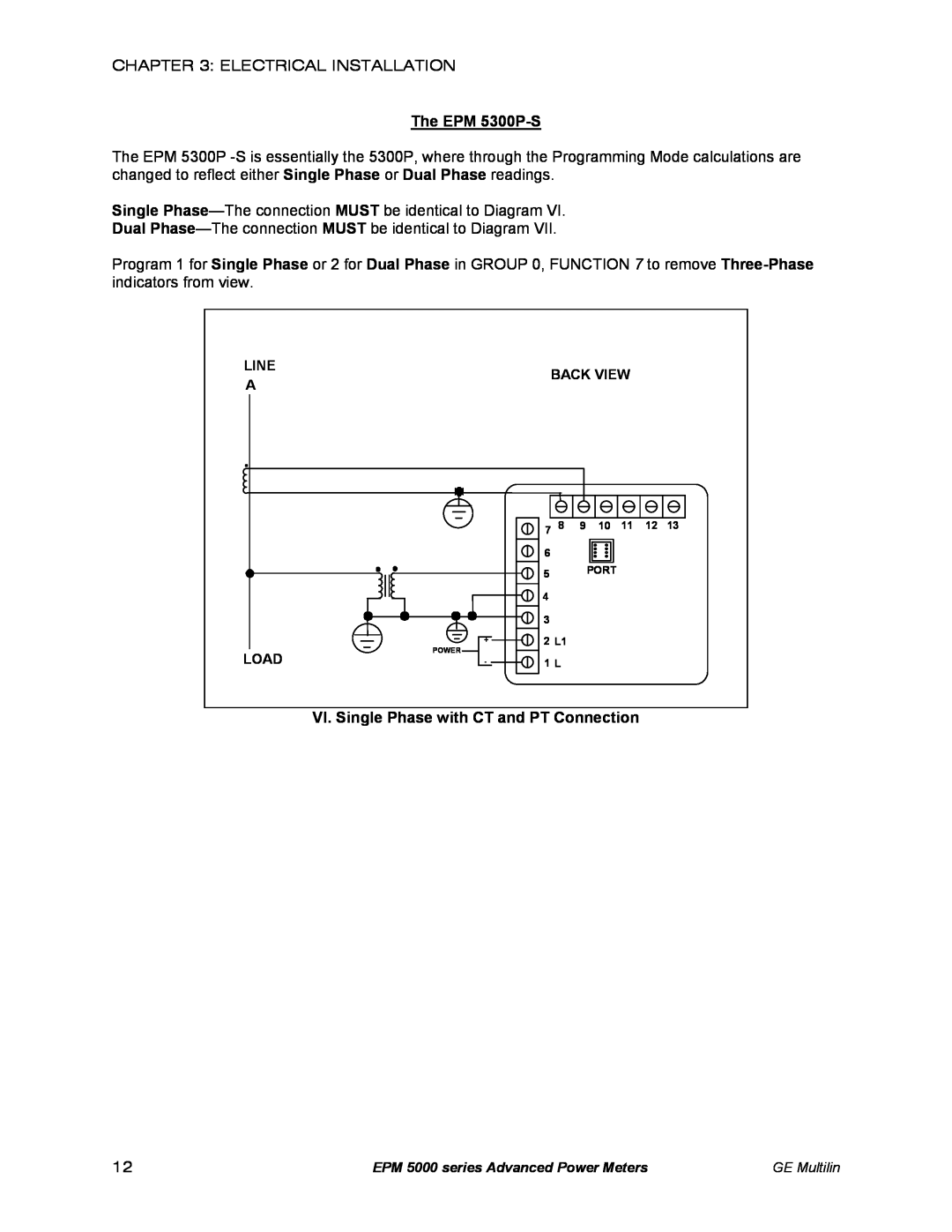 GE EPM 5200, EPM 5350 instruction manual The EPM 5300P-S, VI. Single Phase with CT and PT Connection, Port 