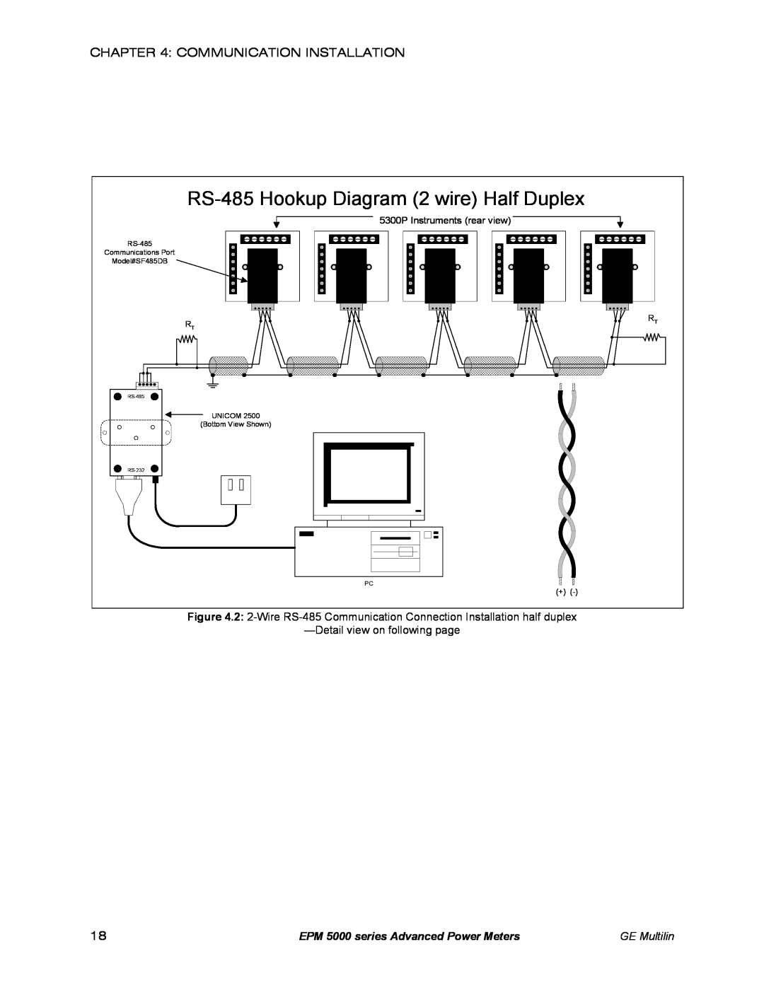 GE EPM 5300 RS-485 Hookup Diagram 2 wire Half Duplex, EPM 5000 series Advanced Power Meters, GE Multilin, Model#SF485DB 