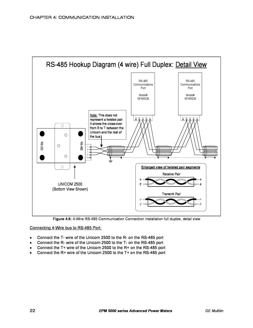 GE EPM 5350, EPM 5200 RS-485 Hookup Diagram 4 wire Full Duplex Detail View, Enlarged view of twisted pair segments 