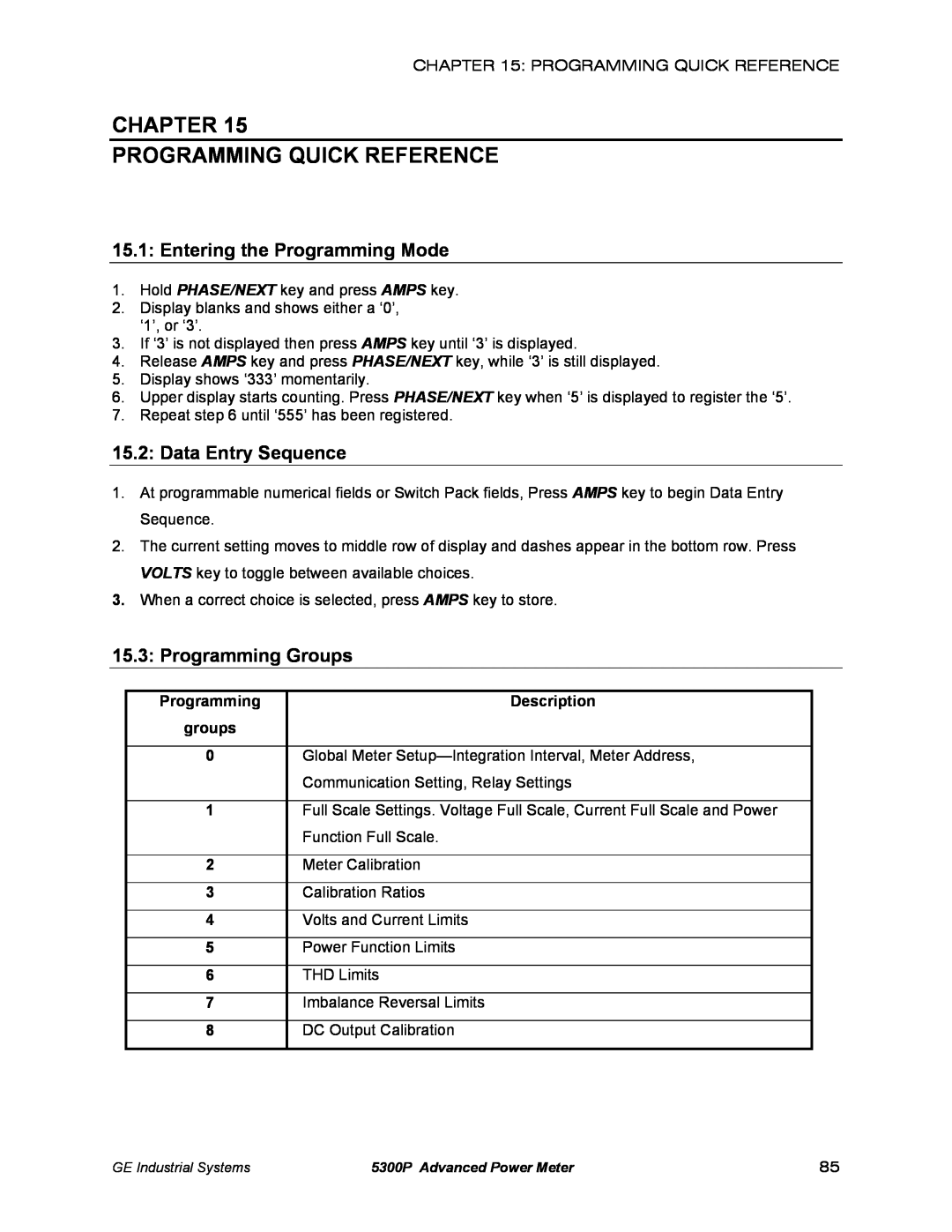 GE EPM 5350 Chapter Programming Quick Reference, Entering the Programming Mode, Data Entry Sequence, Programming Groups 