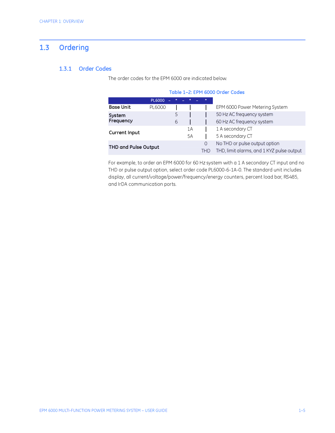 GE EPM 6000 Multi-function Power Metering System instruction manual Ordering, EPM 6000 Order Codes 