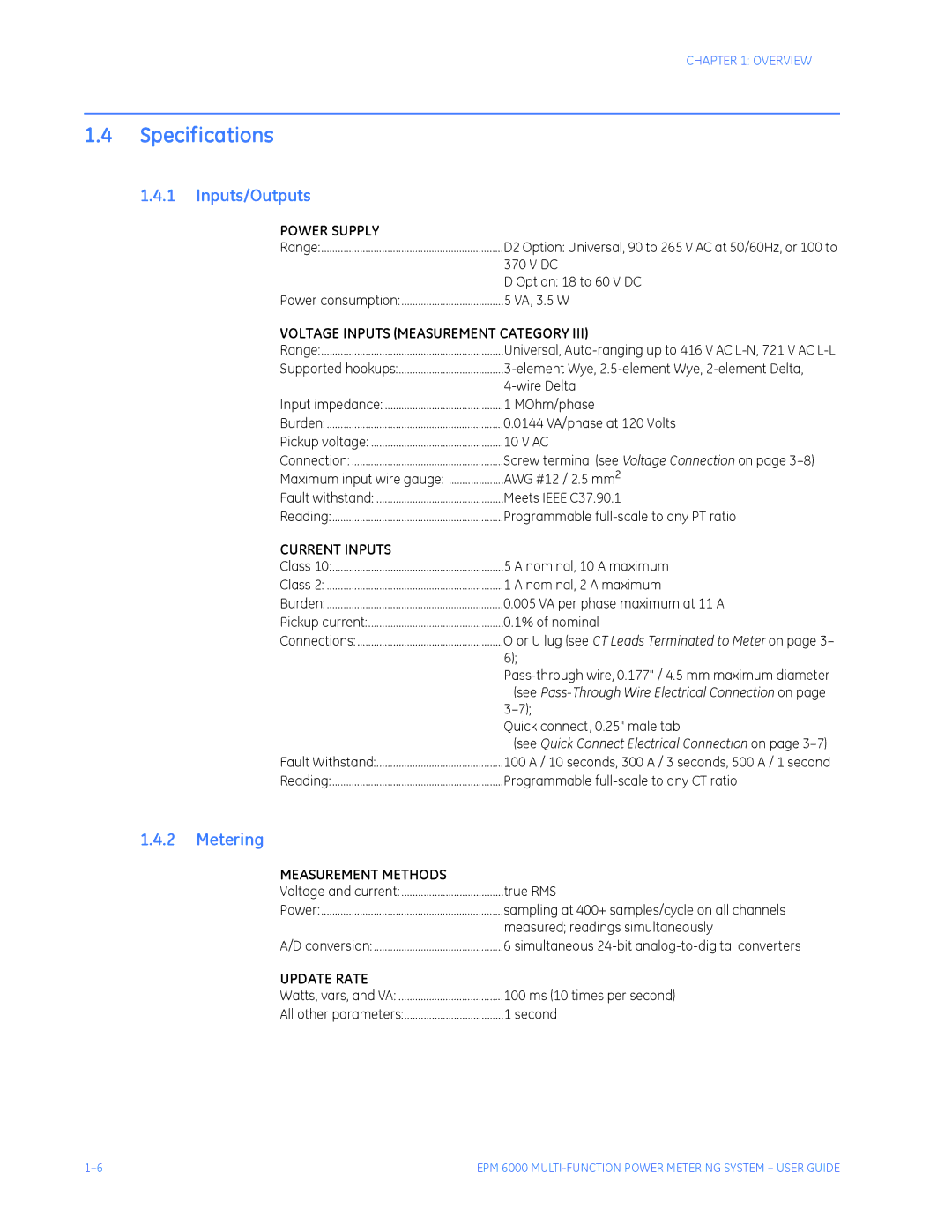 GE EPM 6000 Multi-function Power Metering System instruction manual Specifications, Inputs/Outputs 