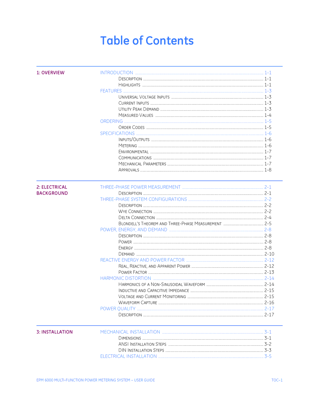 GE EPM 6000 Multi-function Power Metering System instruction manual Table of Contents 