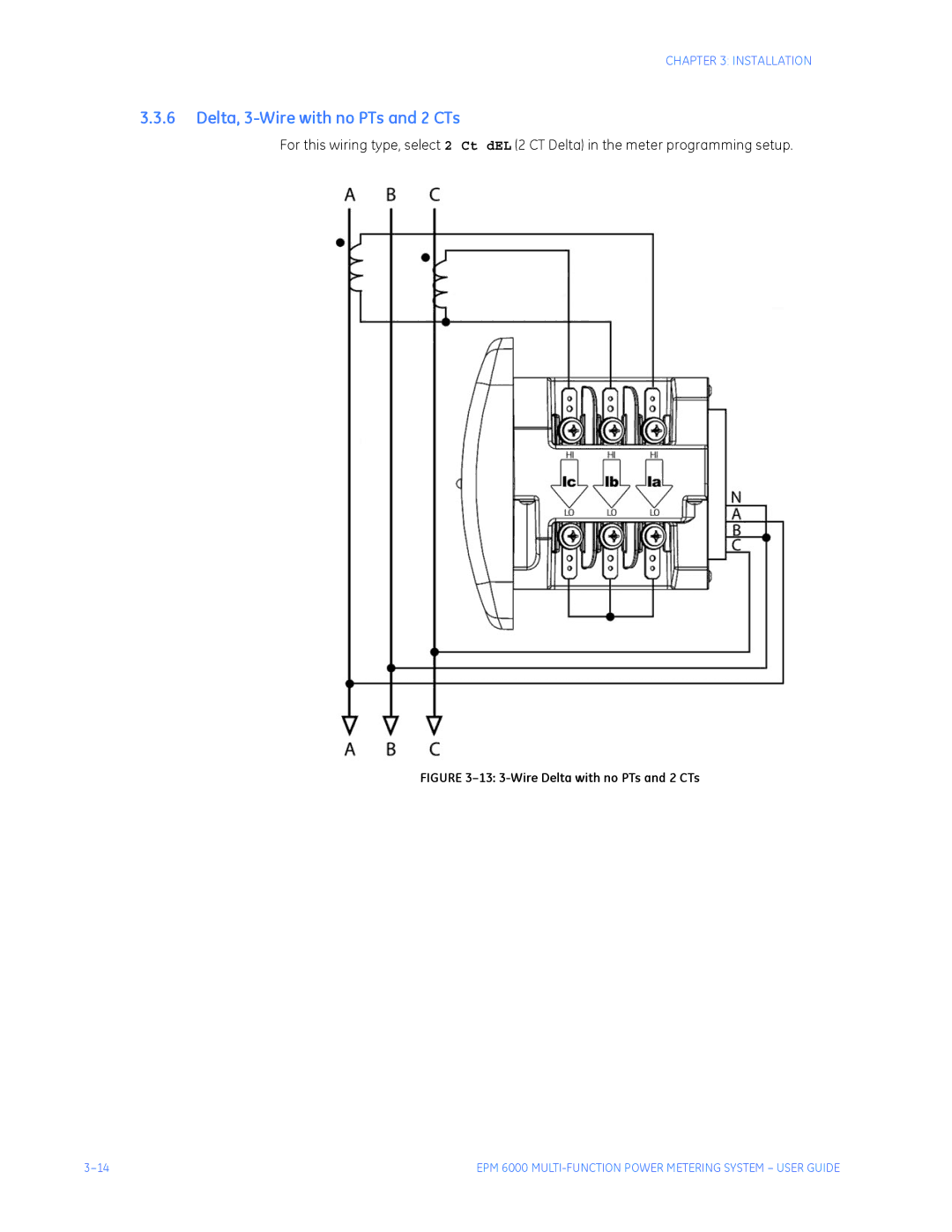 GE EPM 6000 instruction manual Delta, 3-Wire with no PTs and 2 CTs, 13 3-Wire Delta with no PTs and 2 CTs 