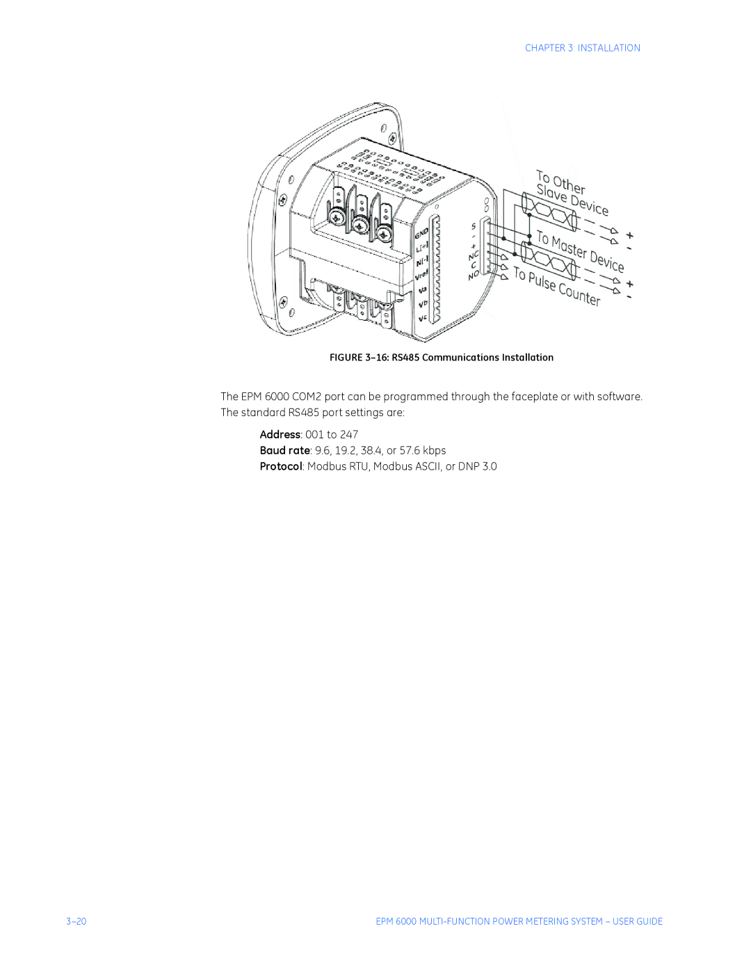 GE EPM 6000 Multi-function Power Metering System instruction manual 16 RS485 Communications Installation 