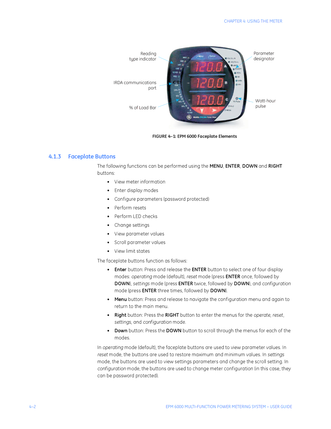 GE EPM 6000 Multi-function Power Metering System instruction manual Faceplate Buttons, Using the Meter 