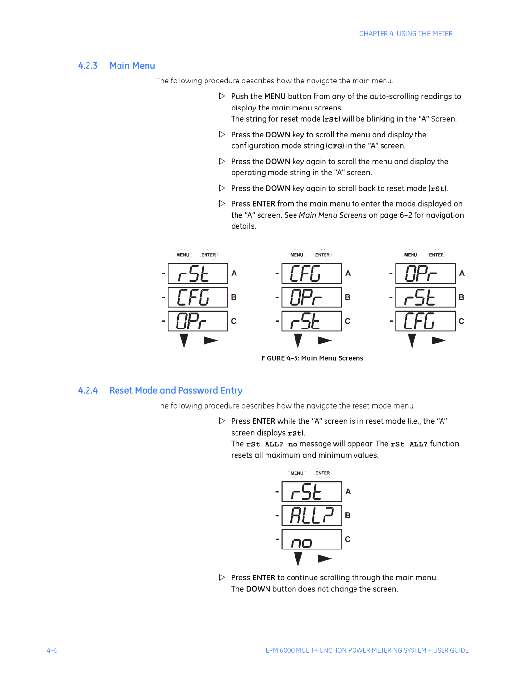 GE EPM 6000 Multi-function Power Metering System instruction manual Main Menu, Reset Mode and Password Entry 