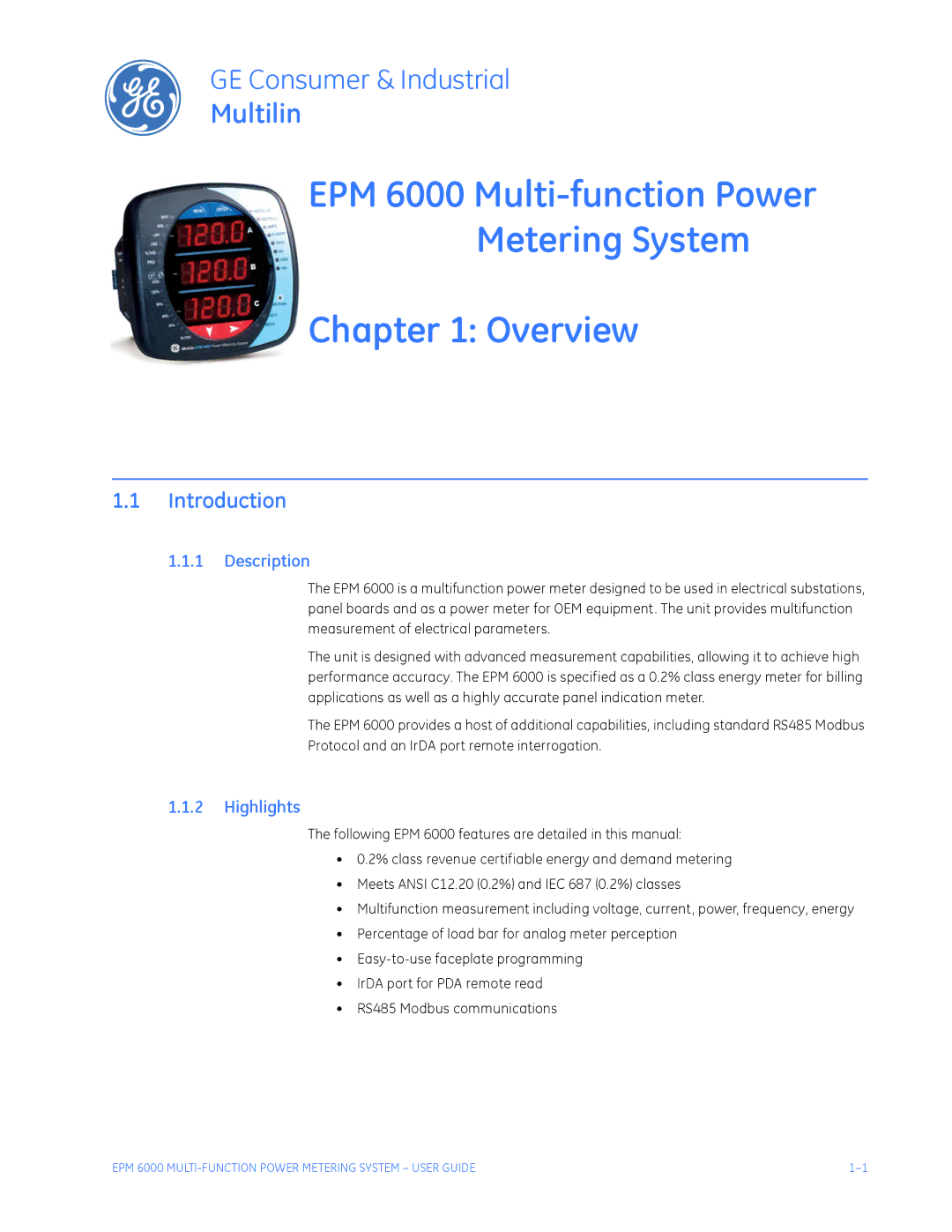 GE EPM 6000 Multi-function Power Metering System instruction manual Introduction, Description, Highlights 