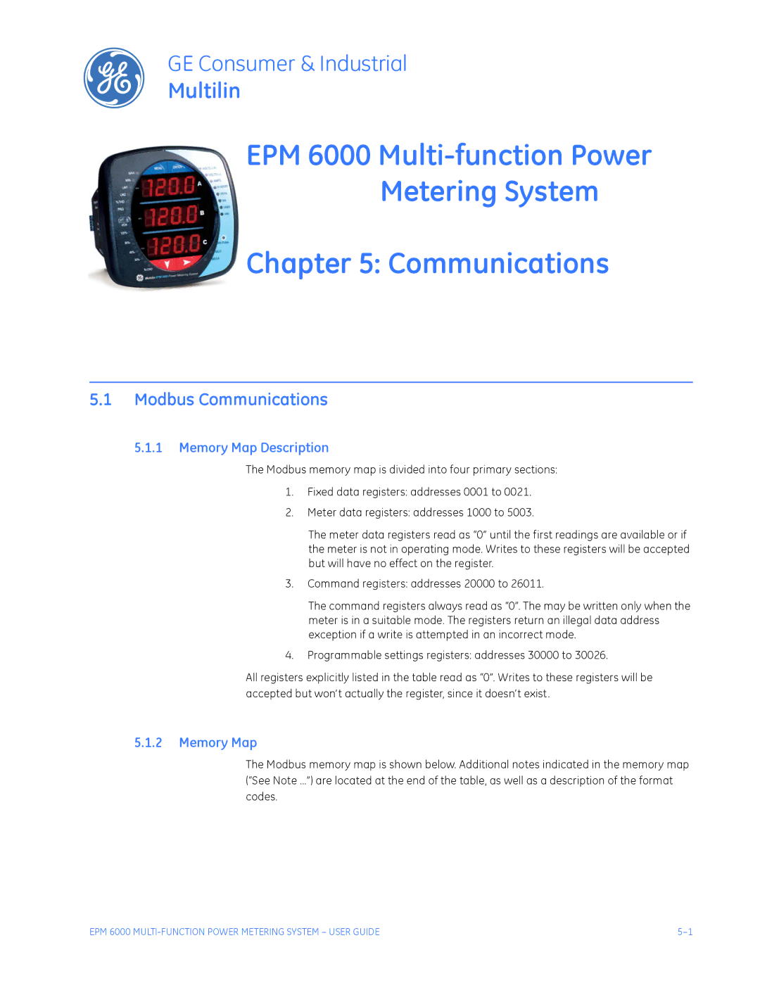 GE EPM 6000 Multi-function Power Metering System instruction manual Modbus Communications, Memory Map Description 