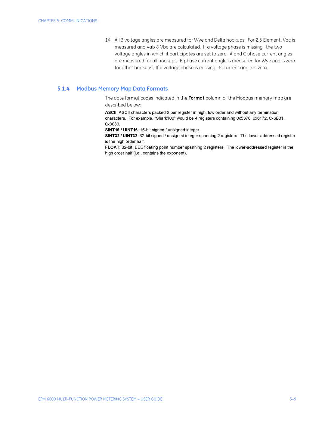 GE EPM 6000 Multi-function Power Metering System instruction manual Modbus Memory Map Data Formats 